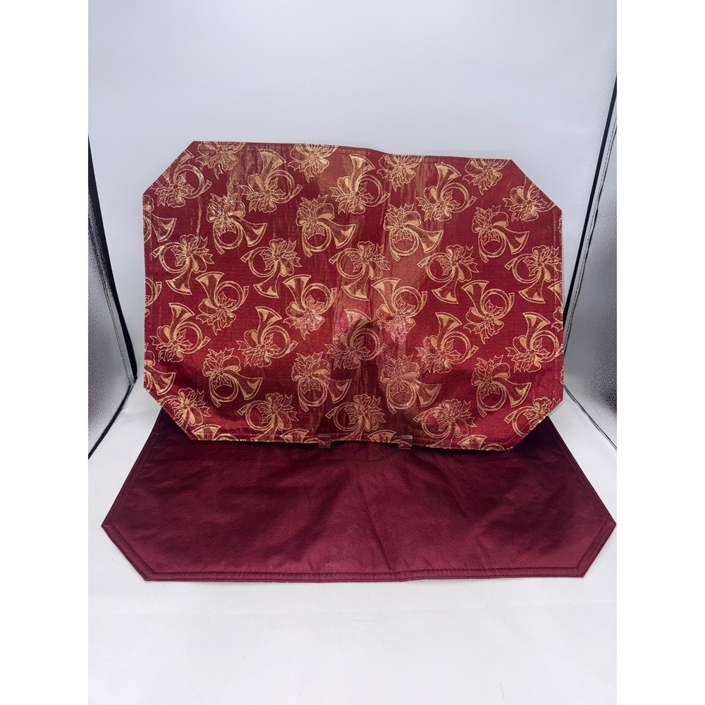 Placemats Set of 2 Burgundy & Gold Christmas Horn and Holy